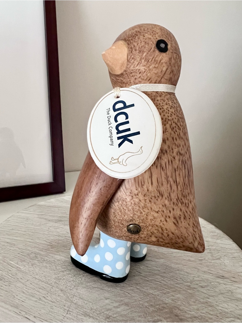 DCUK Brand Wooden Penguin Blue White Polka Dot Boots “Wellie Garden” Decor - Picture 2 of 5